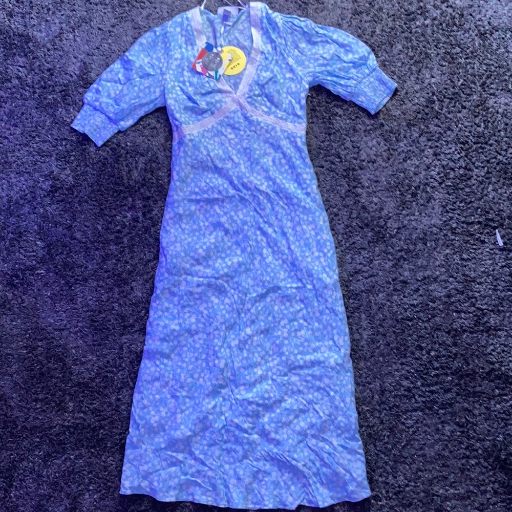 RIXO Blue floral puff sleeve lace swing dress